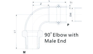 Rustfritt stål 90 Degree Elbow Male Threaded press pipe fitting drawing