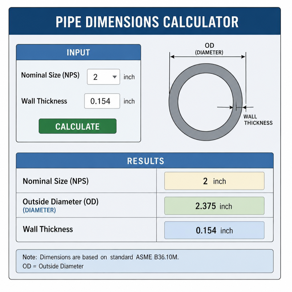 pipe dimensions calculator showing diameter wall thickness and nominal size