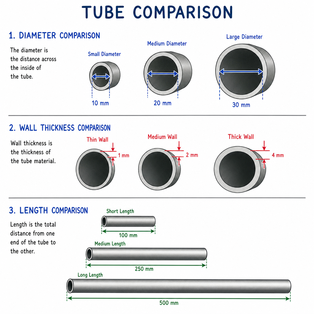 Illustration comparing tube diameter, wall thickness, and length