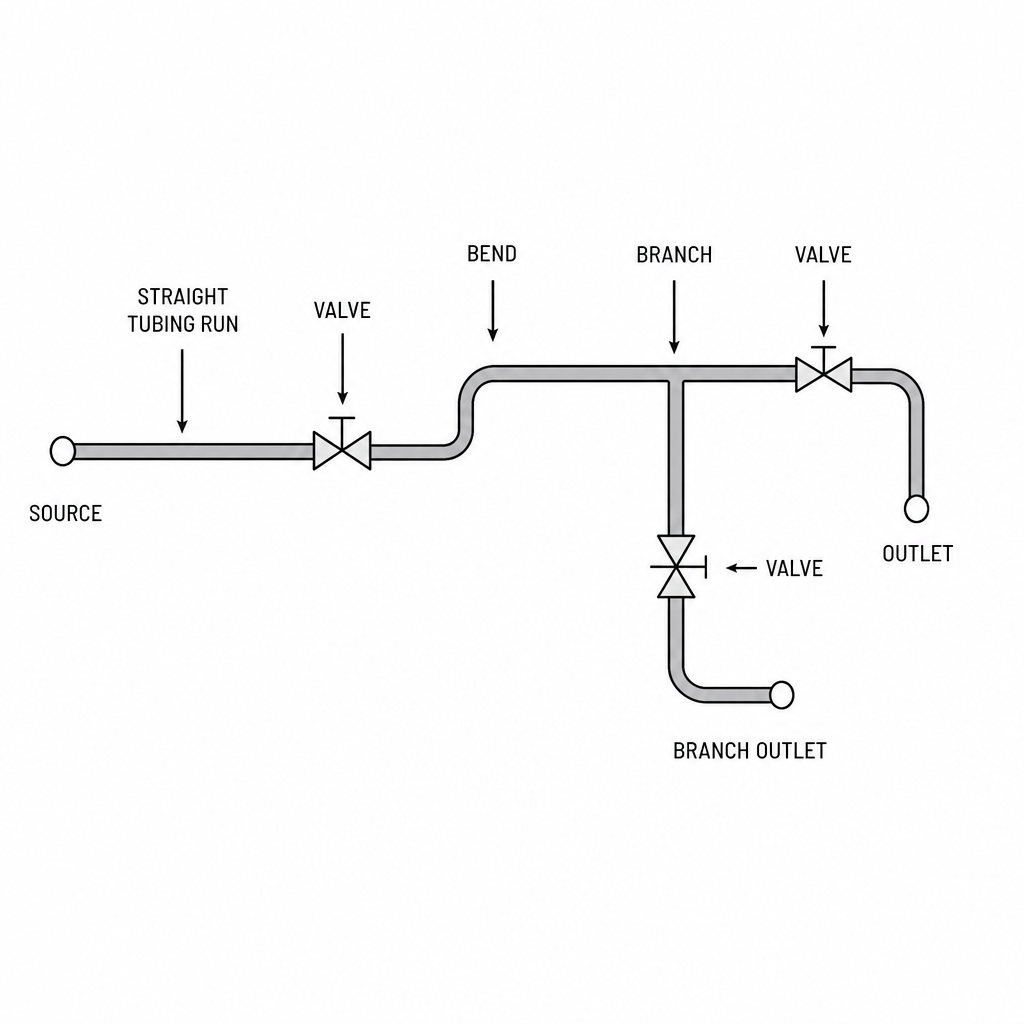 simple diagram showing straight tubing run with bends valves and branches