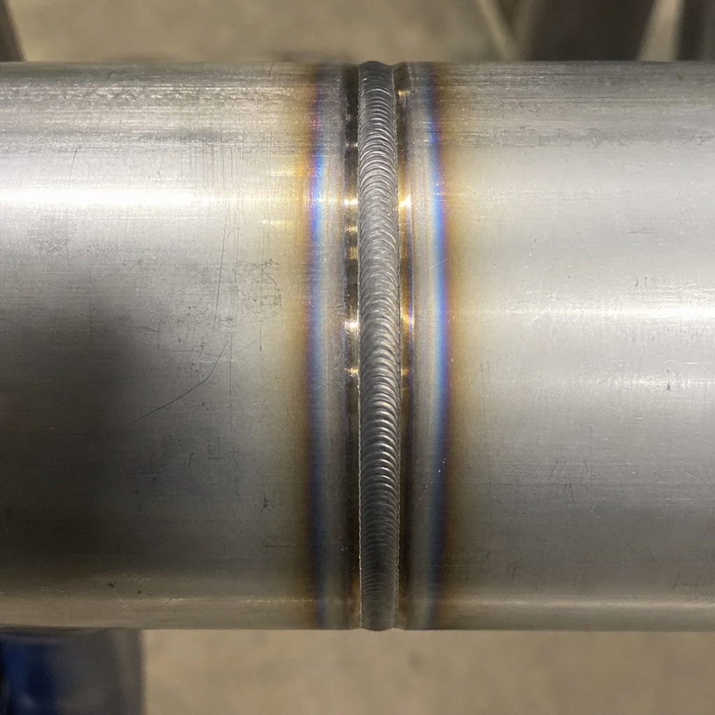 Close-up of properly purged stainless steel pipe weld for process piping