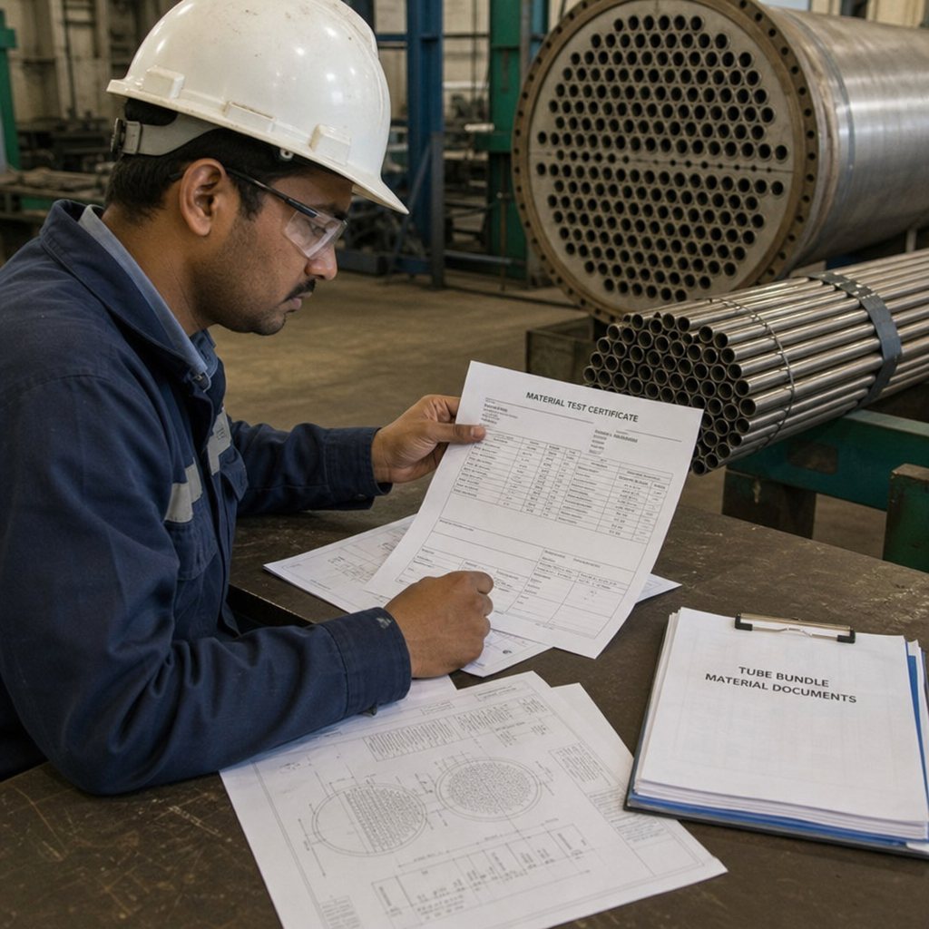 Engineer checking tube bundle material documents for heat exchanger fabrication