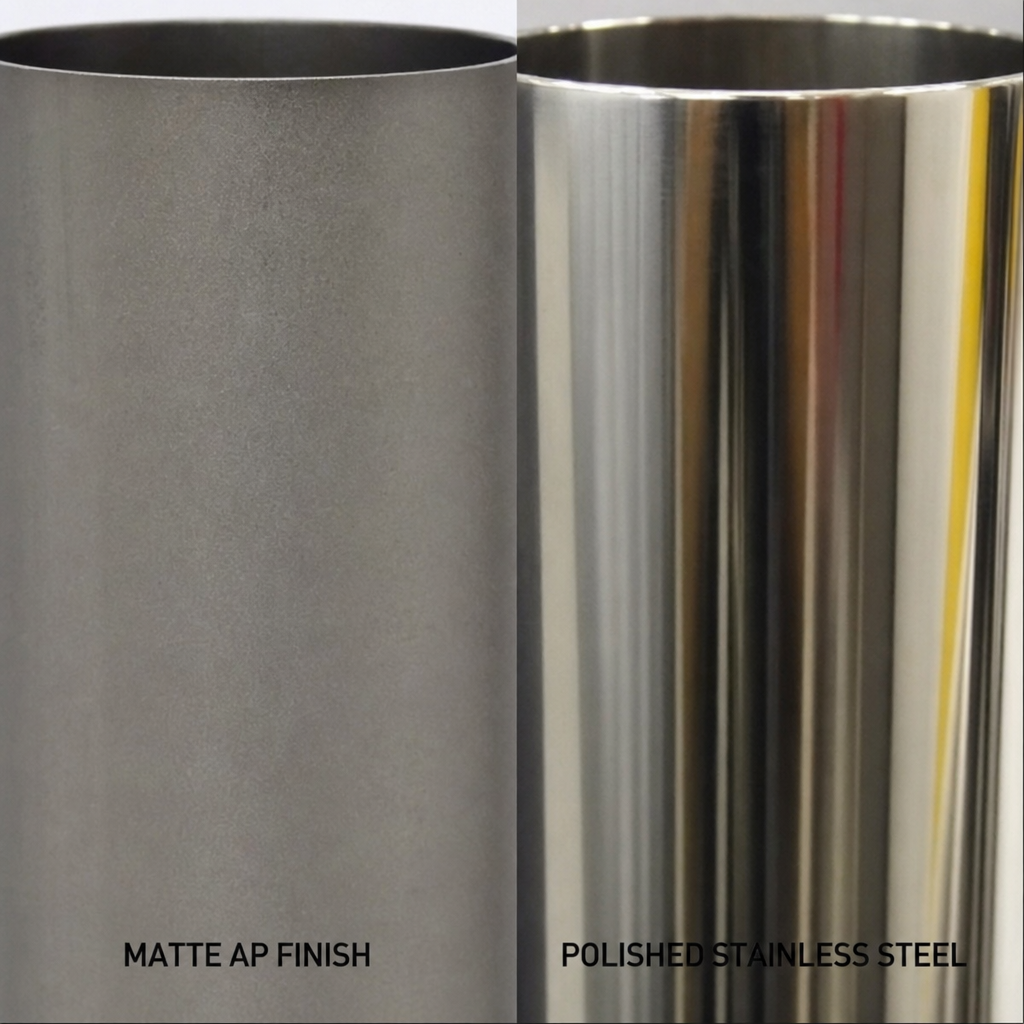 close-up comparison of matte AP tube and polished stainless steel tube finishes