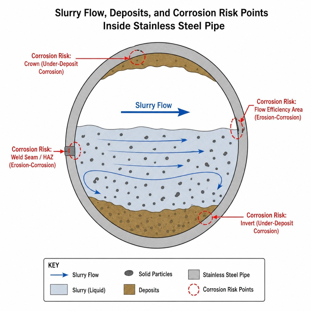 cross section diagram showing slurry flow, deposits, and corrosion risk points inside stainless steel pipe
