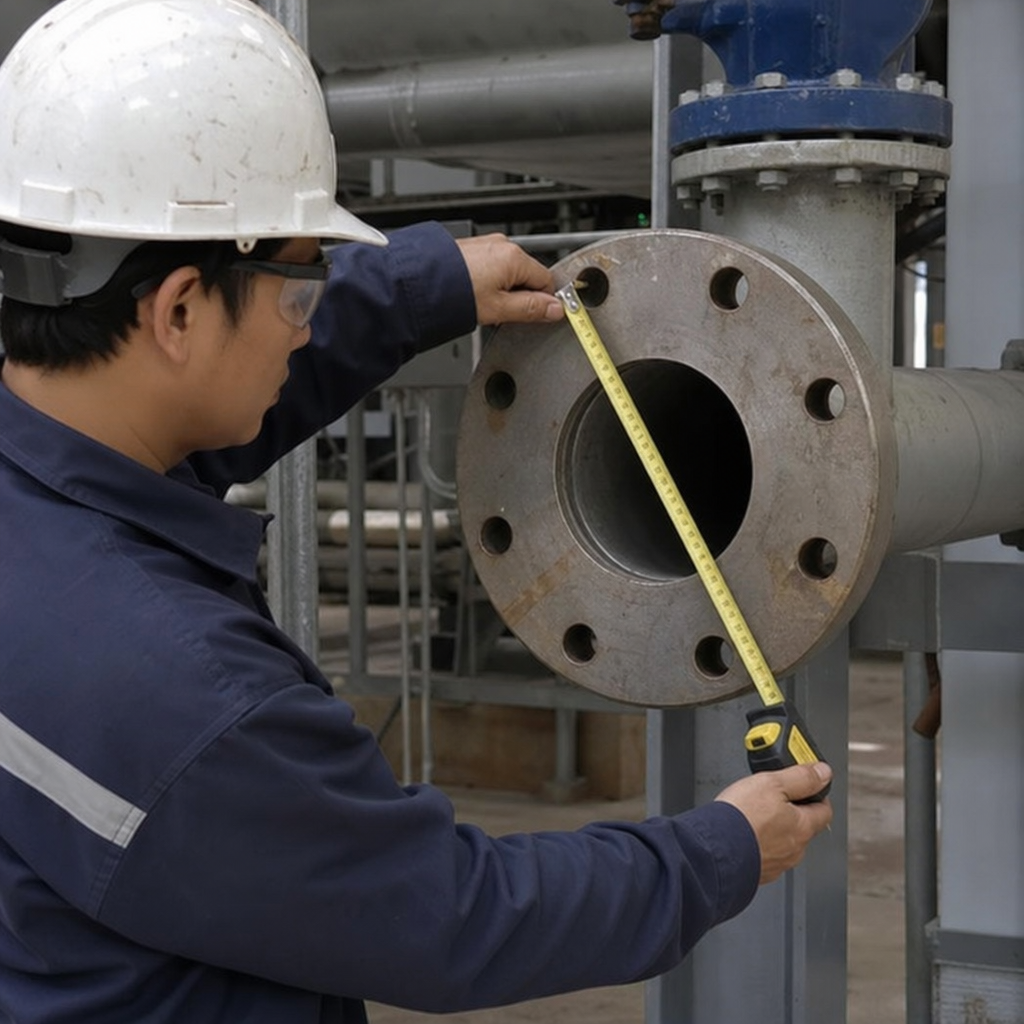 engineer measuring a pipe flange bolt circle engineer measuring a pipe flange bolt circle