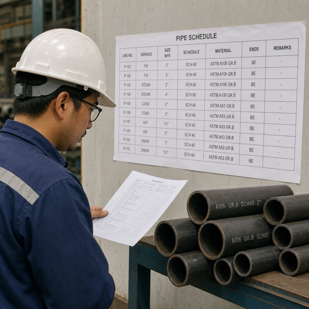 engineer reviewing a pipe schedule chart beside steel pipe sections