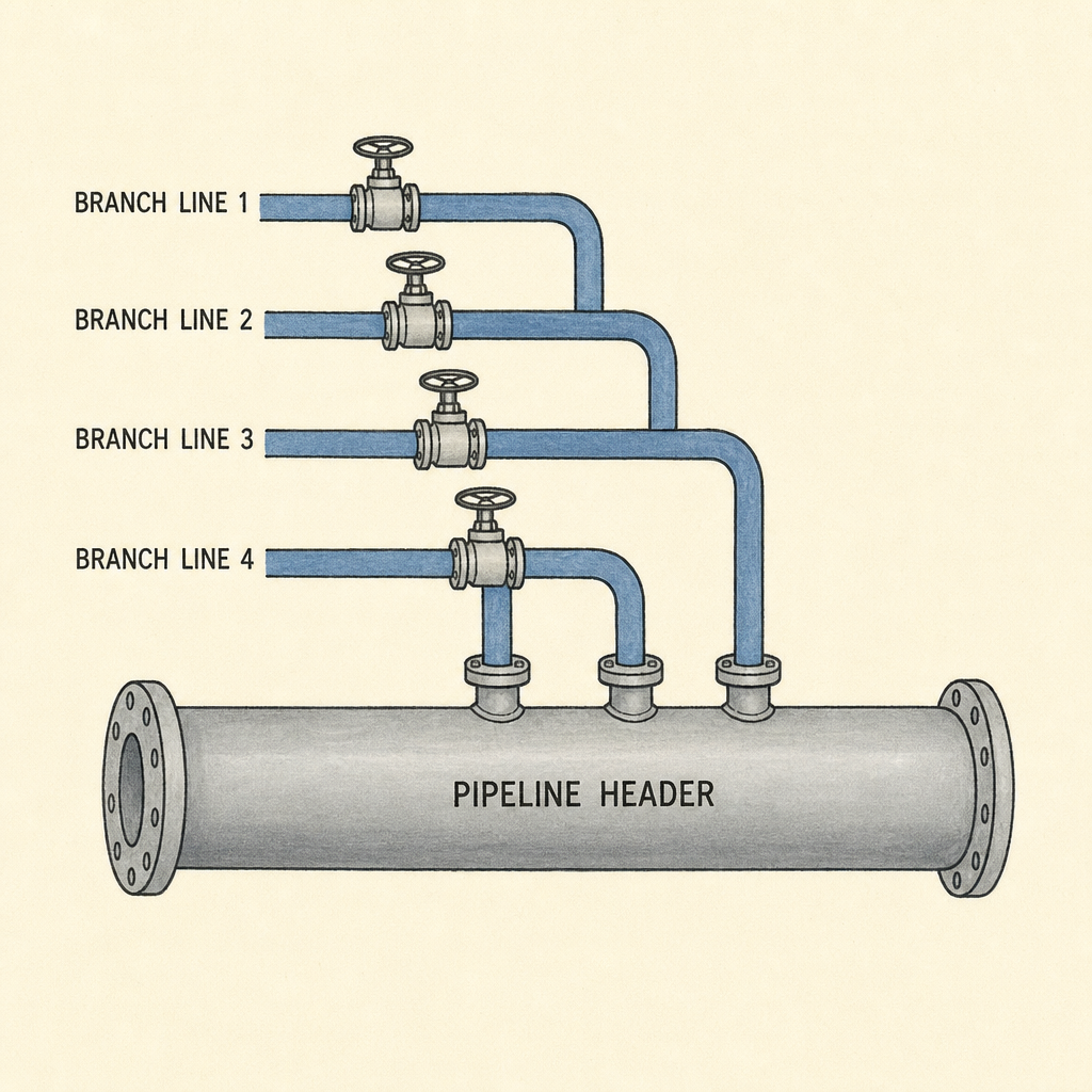 illustration showing small branch lines feeding into a larger pipeline header