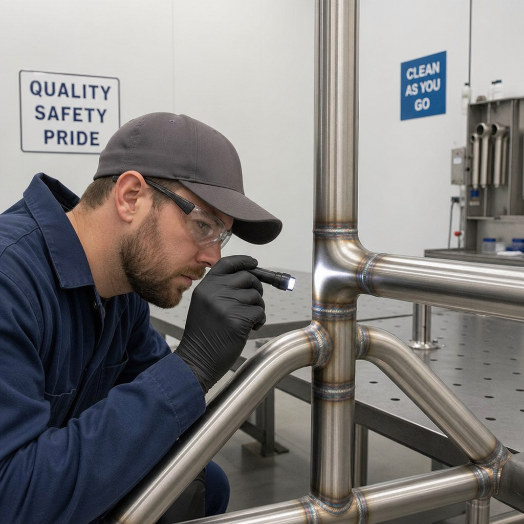 technician inspecting stainless steel tubing welds in a clean fabrication area