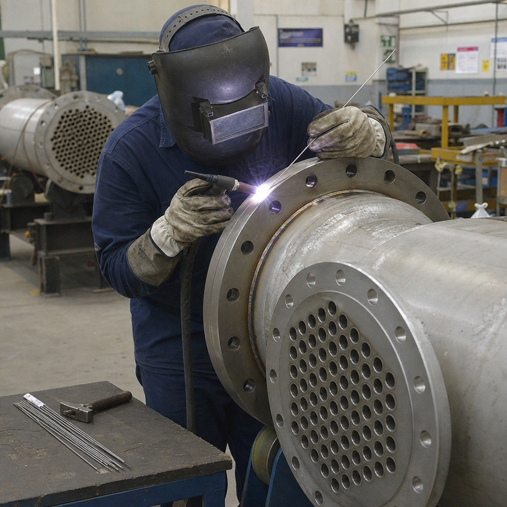 welder fabricating duplex stainless steel heat exchanger components